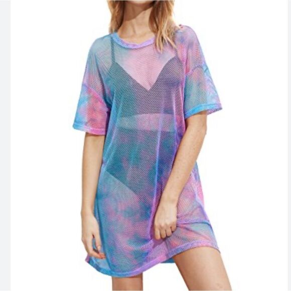 Pastel Rainbow Pink Blue Fishnet Mesh Swim Cover Up and Festival Dress One Size - Picture 1 of 13